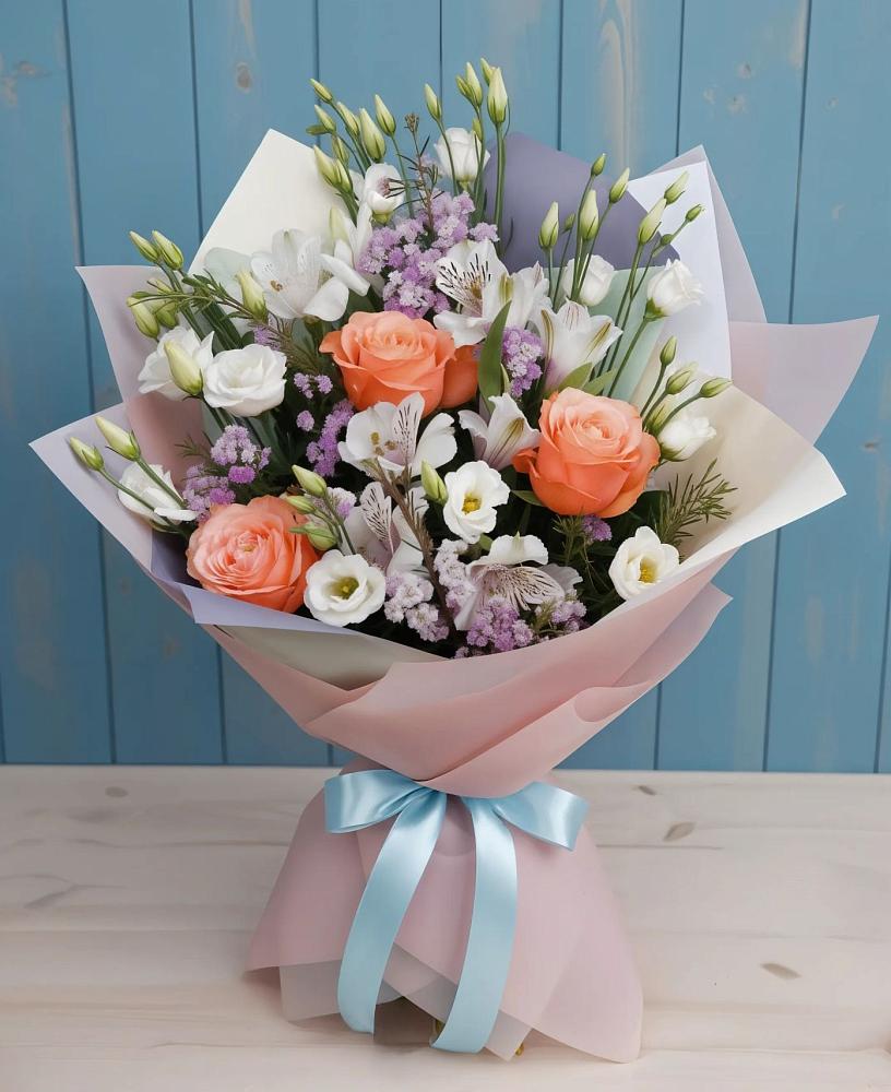 Букет цветов из: Лизиантусы, Розы, Альстромерии и Гипсофила в Каменномостский