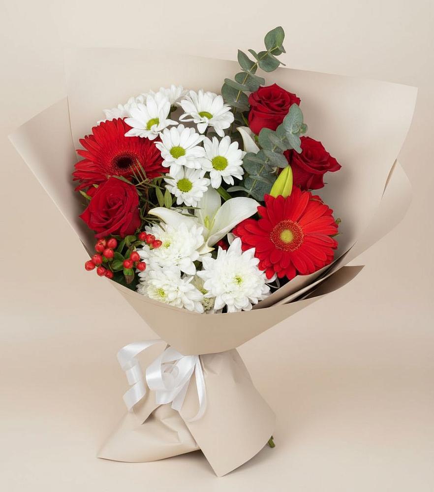 Букет цветов из: Розы, Хризантемы, Герберы и Лилии в Каменномостский