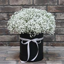 Цветочная композиция из Гипсофила в шляпной коробке в Каменномостский