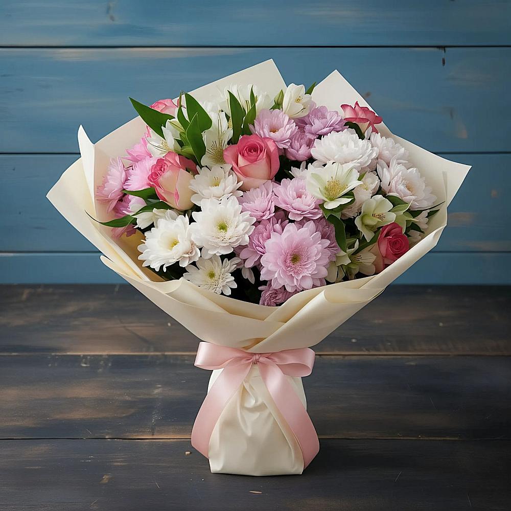 Букет цветов из: Хризантемы, Альстромерии и Розы в Каменномостский